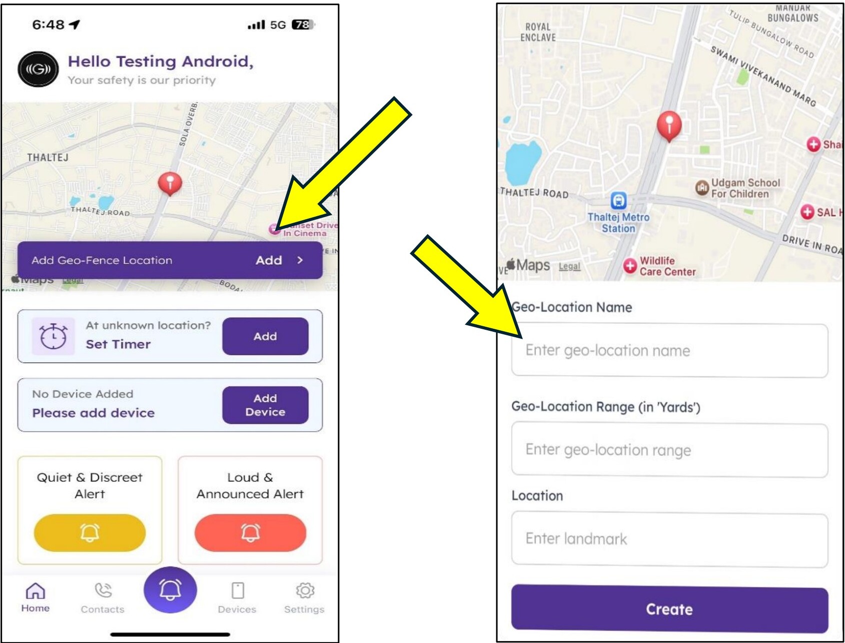 Geofence setup screen