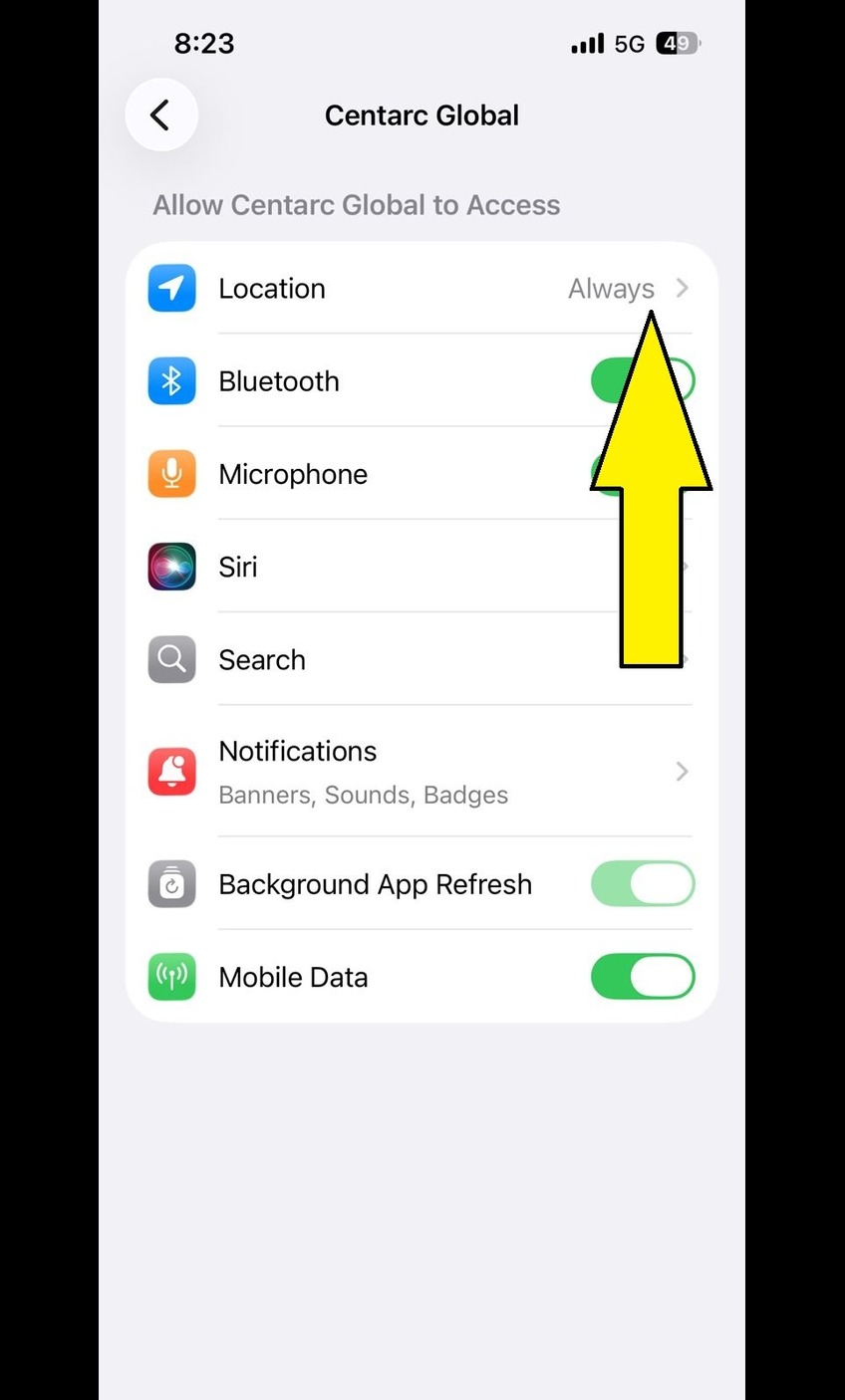 iPhone location permission set to Always