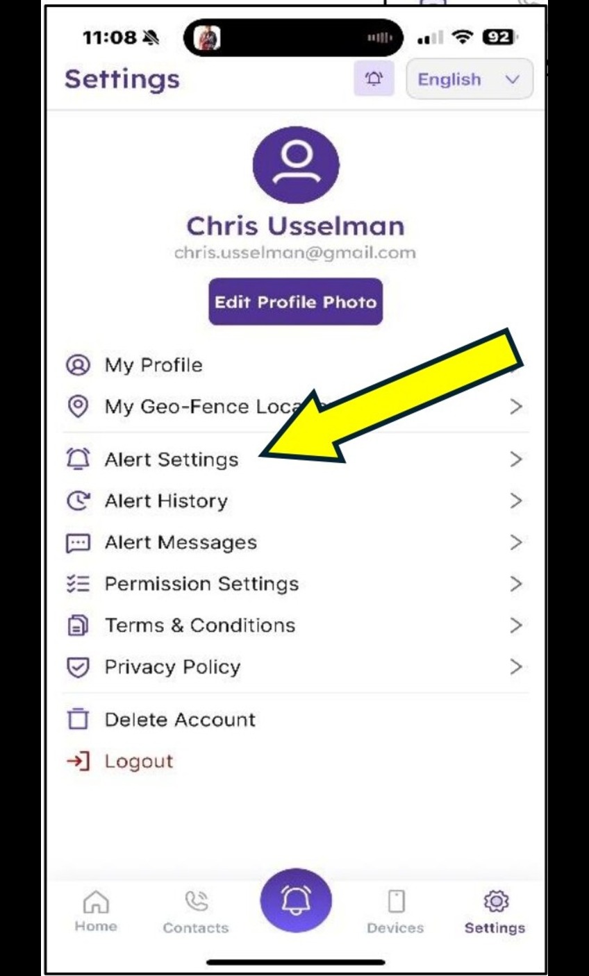 App settings menu
