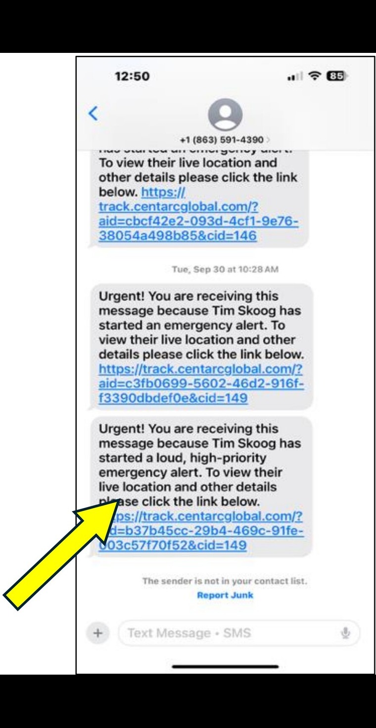 Text messages showing emergency alerts with GPS link